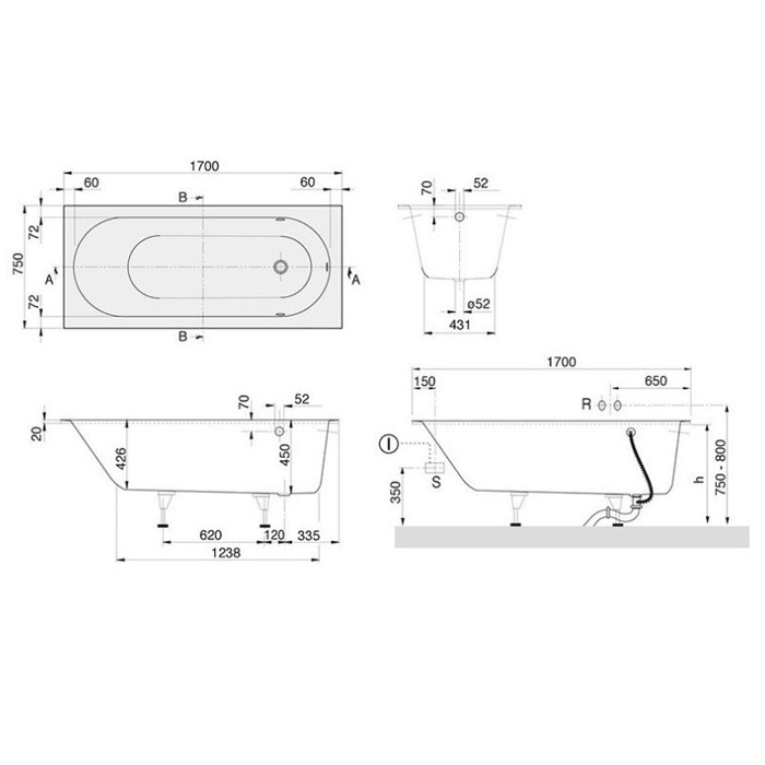 Villeroy&Boch Oberon Ванна 170х75х45см., встраиваемая, слив, ножки, Quaryl, цвет: альпийский белый