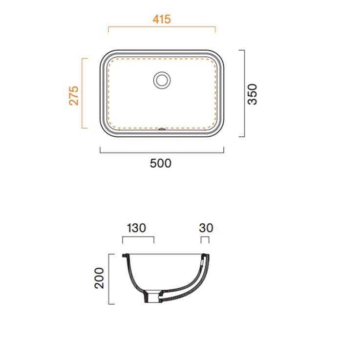 Catalano Italy Раковина 50х35см., встраиваемая под столешницу с переливом без крепежа, цвет: белый глянцевый