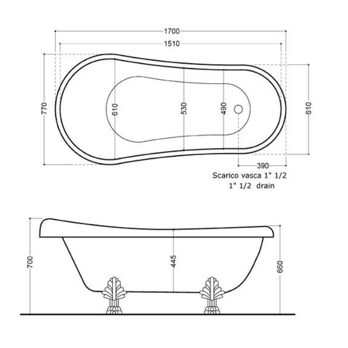 Kerasan Retro Ванна new отдельностоящая, 170х77см, глубина ванны 44,5см, цвет: белый, ножки бронза