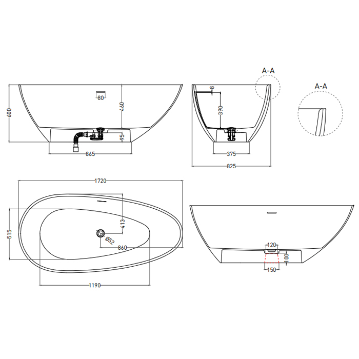 Salini Paola Ванна 172х82.5х60см., отдельностоящая, "Click-Clack" , сифон, интегрир. слив-перелив, S-Sense, цвет: белый