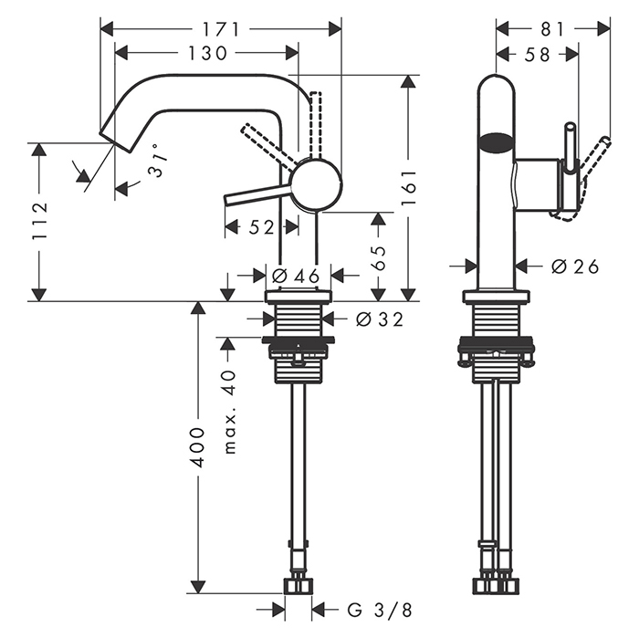 Hansgrohe Tecturis S Смеситель для раковины, на 1 отв., донным клапаном, цвет: черный матовый