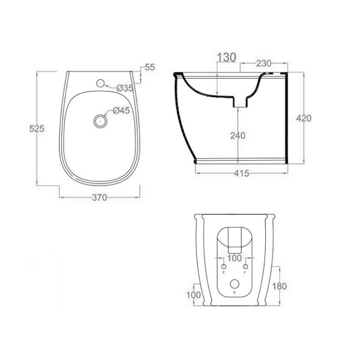 Artceram Azuley Биде напольное приставное 36х52см., 1 отв., c креплением, цвет: белый