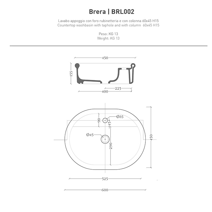 Artceram Brera Раковина 60х45х15.5см., накладная, без отв., цвет: белый глянцевый