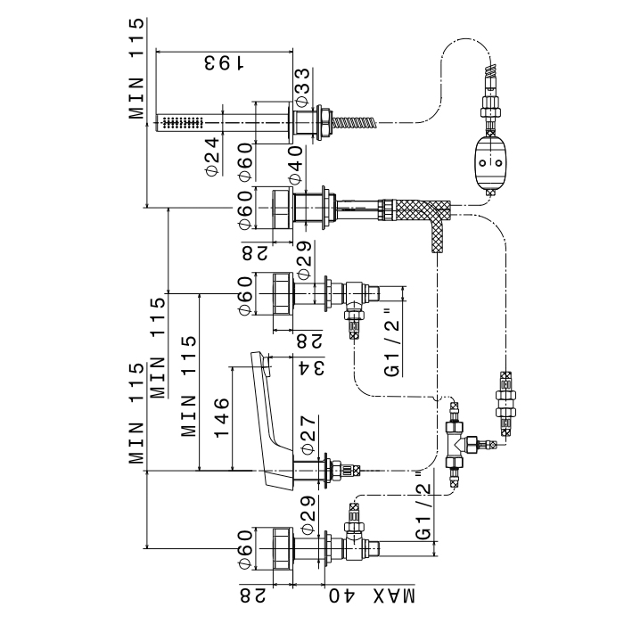 Newform ParkLE Смеситель на борт ванны, 5 отв., с ручным душем, цвет: PVD glossy gold/черный матовый