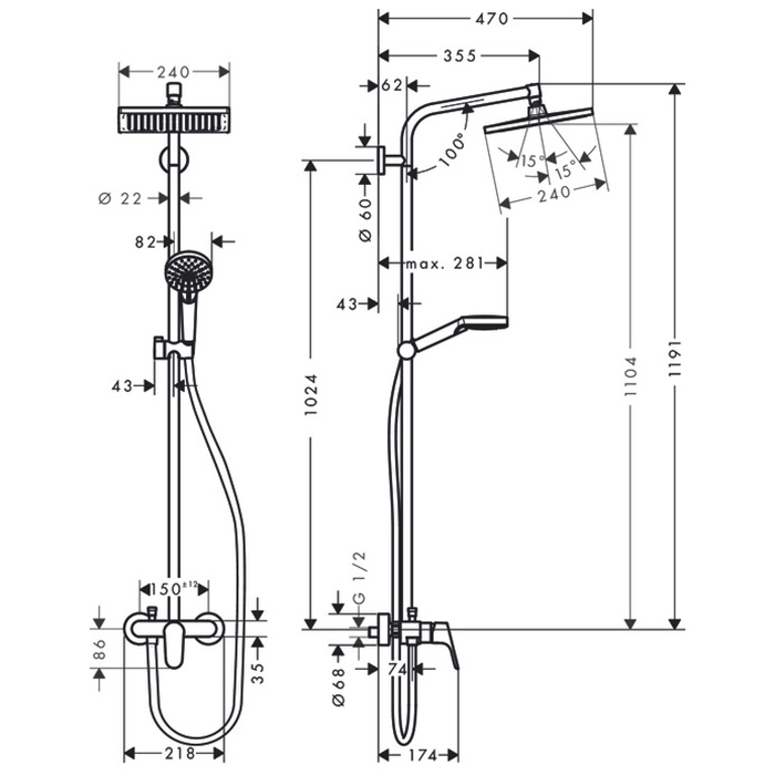 Hansgrohe Crometta E 240 SHP Душевая система 102см, с верхним душем 240х240мм., ручным дешем и однорычажным семесителем, цвет: хром  ЦЕНА по АКЦИИ