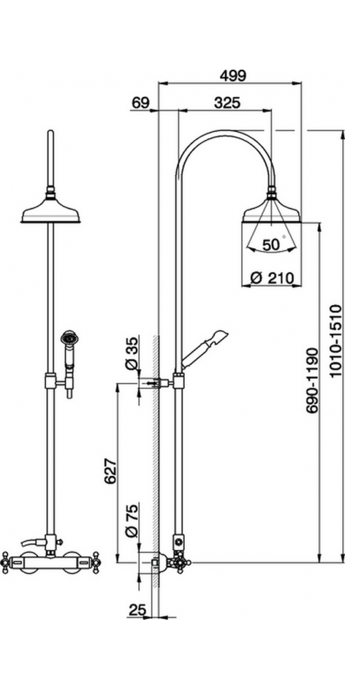 CISAL Arcana Душевой комплект: термостатический смеситель, стойка с верхним душем, лейка+шланг, цвет: золото