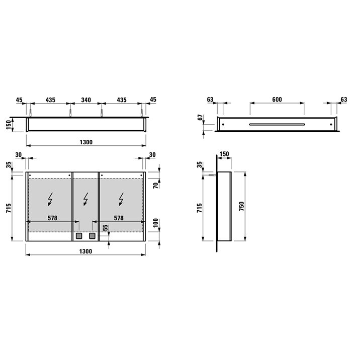 Laufen Frame Зеркальный шкаф 130x75см., LED-подсветка, алюминий, 3 двери, 2 розетки