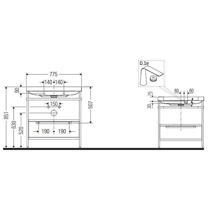Duravit Happy D.2 Plus Консоль напольная с умывальником 77.5х49х85см, с 1 отв под смесит, 1 ящик, 1 полотенцедержатель,выпуск и сифон в комплекте, цвет: белый глянцевый/хром