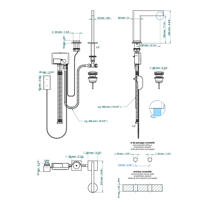 THG ICON-X CARBONE GOLD A MANETTES Смеситель для раковины, 2 отв., электронный, с донным клапаном, цвет: полированное золото