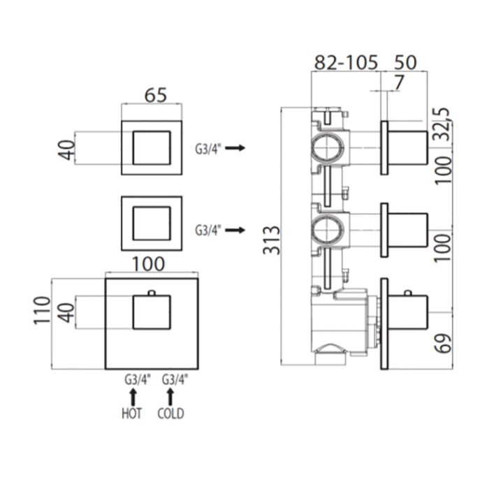 Bossini Cube Смеситель для душа, термостатический, встраиваемый, с запорным вентилем, на 2 - 4 выхода, цвет: хром