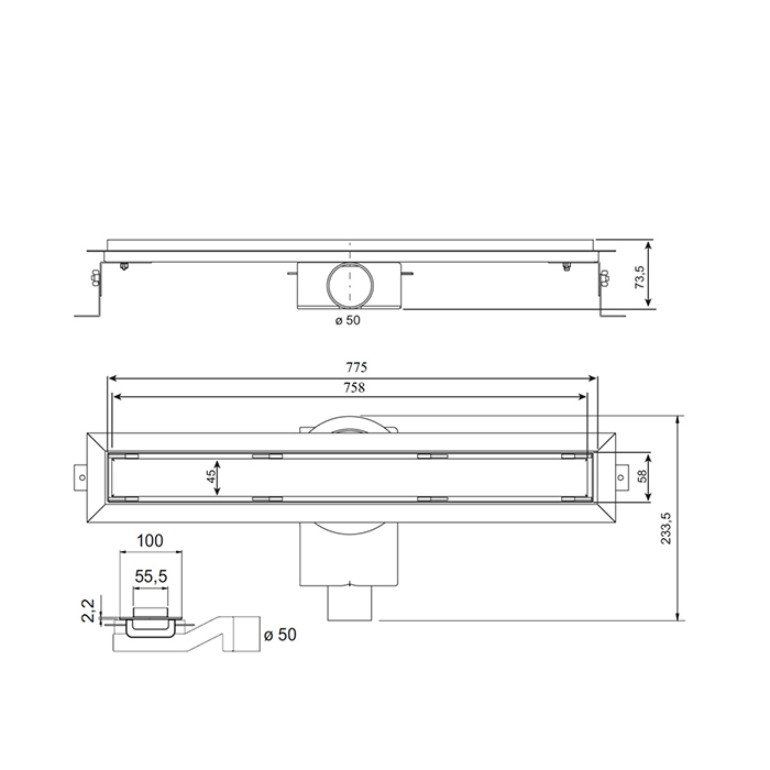 Plumberia Selection Трап душевой PS IN-TILE 6x80 2устор. накладка из нерж.стали, комбинир.затвор с горизонт. Выпуском Ду 50мм,40л/мин, цвет: черный матовый