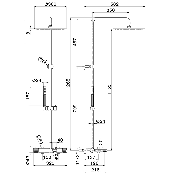Newform Ionika Душевая стойка, с термостатическим смесителем, верхний душ 30см., и ручым душем , цвет: PVD brushed stainless Stell