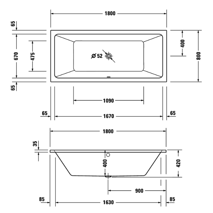 Duravit D.1 Ванна прямоугольная, встроенная, с двумя наклонами спинки, акрил, цвет: белый