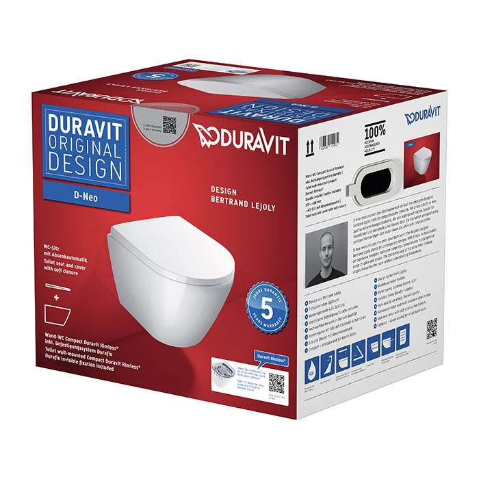 Duravit D-Neo Унитаз подвесной 48х37см, безободковый, сиденье микролифт, цвет: белый