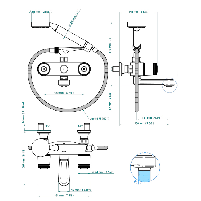THG CORVAIR Смеситель для ванны настенный, с ручным душем и шлангом 1500 мм., цвет: Blush PVD