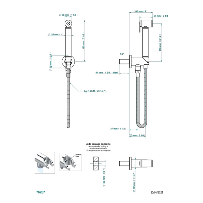 THG Collection O Гигиеничесий душ, с настенным держателем, с подводом воды и шлангом 125см., цвет: Soft matt gold