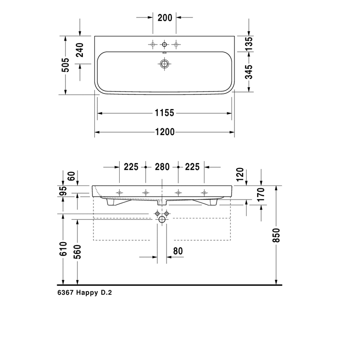 Duravit Happy D.2 Раковина 120x50.5 см, 1 отв., с переливом, цвет: белый