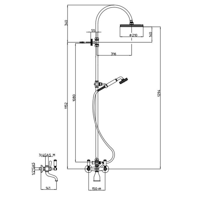 Bossini Liberty Душевая стойка, с верхним душем 21см, смесителем, со штангой и ручной лейкой , цвет: золото
