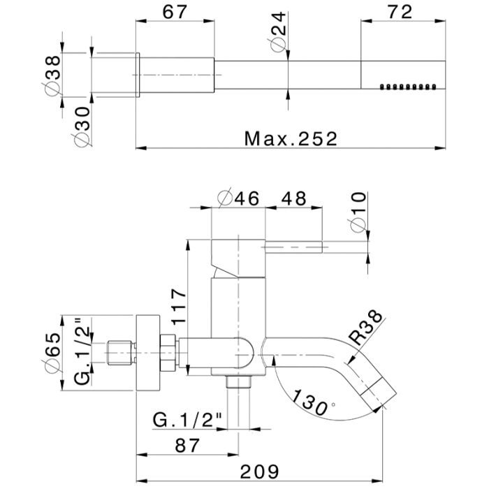 Cisal Xion Смеситель для ванны/душа, настенный, с ручной лейкой, держателем и шлангом 150см., цвет: нержавеющая сталь