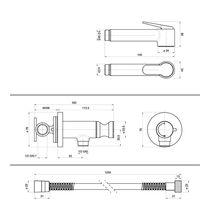 Bossini Paloma Brass Гигиенический душ с прогрессивным смесителем, лейка металлическая, шланг из латуни дв. фальцевания 1250мм, цвет: брашированный никель
