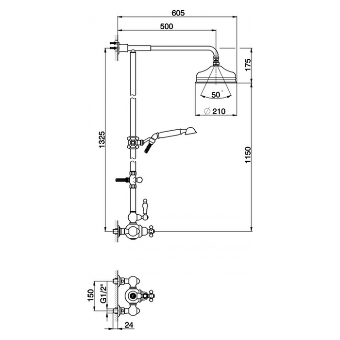 CISAL Arcana Toscana Настенная душевая система:термостатический смеситель для душа,верхний душ,ручной душ с держателем и шлангом, цвет: хром 