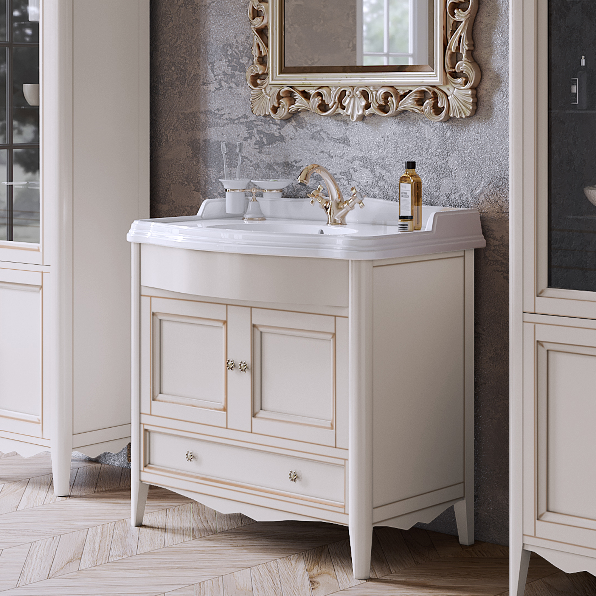 TW Veronica, База с раковиной Simas AR864bi x1 90x56см, с 1отв., 2 распашные дверки+1 выдв.ящик, доводч. Blum, ручки: Riflesso бронза, напольная, Цвет: vintage