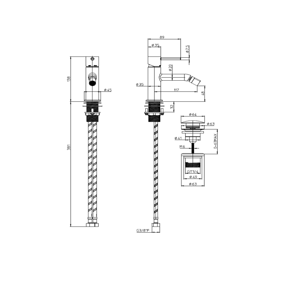 Bossini Teo Смеситель для биде с донным клапаном, гибкая подводка. стали, цвет: хром