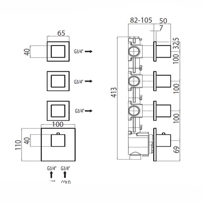 Bossini Cube Смеситель для душа, встраиваемый, термостатический, (внешняя часть), с запорным вентилем на 3 - 6 выхода., цвет: черный матовый