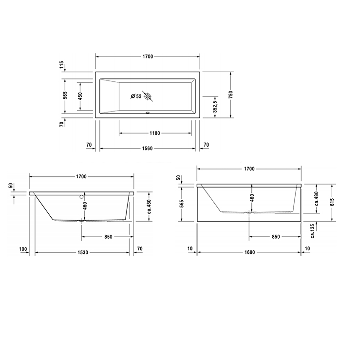 Duravit VERO Ванна 170х75см, акриловая, прямоугольная встраиваемая или с панелями, наклон спины слева, цвет: белый