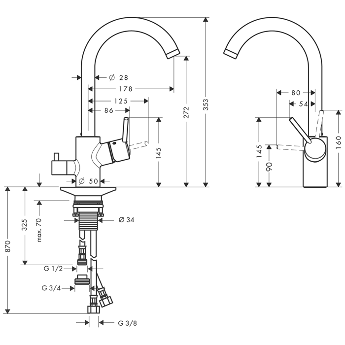 Hansgrohe Talis M52 Смеситель  для кухни на 1 отв, поворотный излив, с запорным вентилем. цвет: хром