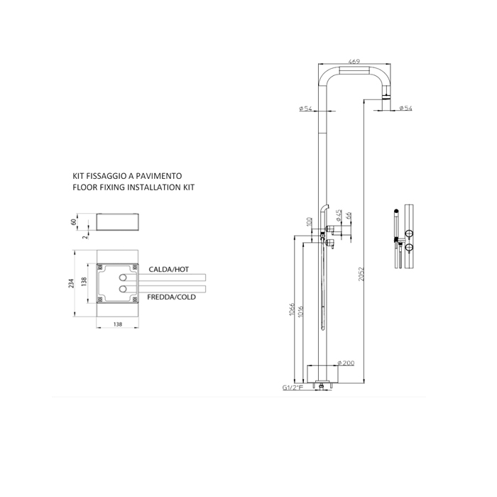 Bossini Nobu Душевая колонна для наружной установки, из стали с .2 прогрес. смесителя - Душ 54 мм , ручной душ с держ.- цвет: нержавеющая сталь