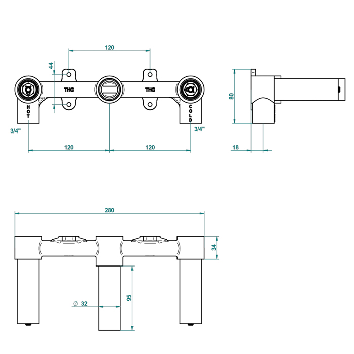 THG Встраиваемая часть смесителя настенного на 3 отверстия для ручек-рычагов
