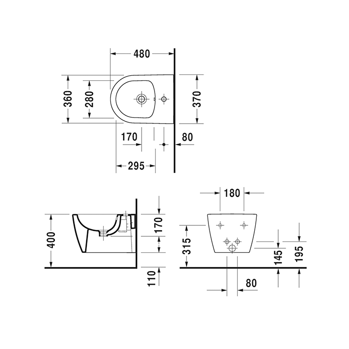 Duravit ME by Starck Биде подвесное 37x48см, с 1 отв., вкл. крепление Durafix, с покрытием WonderGliss, цвет: белый