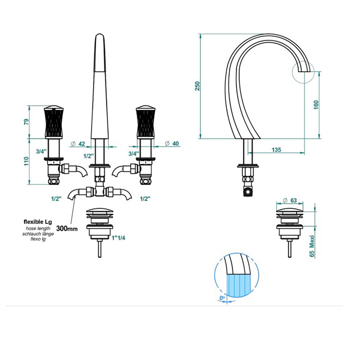 THG Infini white porcelain with gold decor Смеситель для раковины на 3 отверстия, с донным клапаном, цвет: полированное золото