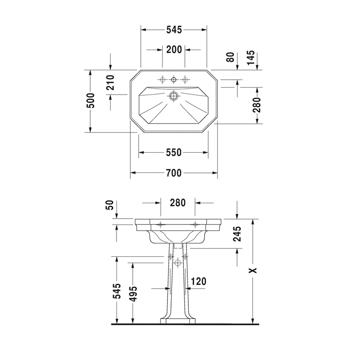 Duravit 1930 Раковина 70х50х20.5 см, 3 отв., цвет: белый