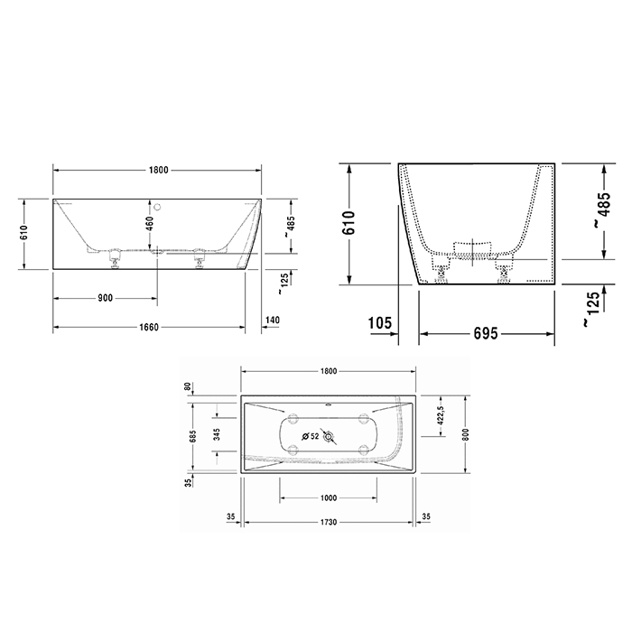 Duravit DuraSquare Ванна 180x80см,  угол левый, с панелью и ножками.с 2 наклонами для спины, цвет: белый