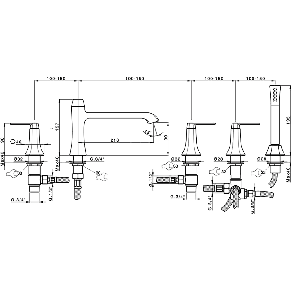 CISAL Cherie Смеситель на борт ванны на 5 отверстий, излив 210 мм, цвет: хром/черный матовый