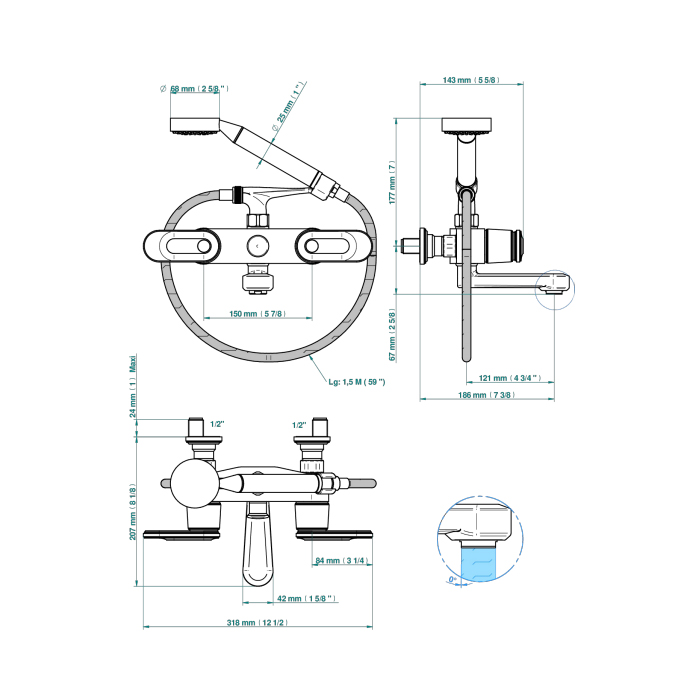 THG CORVAIR A MANETTES FIOR DI BOSCO Смеситель для ванны настенный, с ручным душем и шлангом 1500 мм., цвет: Blush PVD