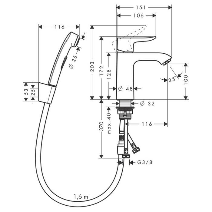 Hansgrohe Metris Смеситель для раковины, на 1 отв., с гигиеническим душем (комплект: шланг: 160см, кронштейн, лейка), цвет: хром