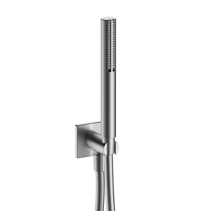 Fantini Milano Душевой набор: вывод воды на 1/2”, шланг 150 см, ручная лейка FIT, держатель для лейки, цвет: матовая натуральная сталь