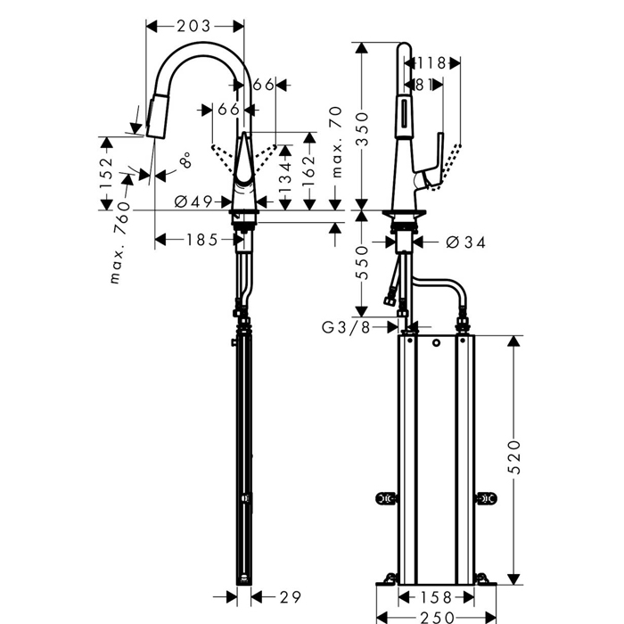 Hansgrohe Talis M51 Смеситель  для кухни на 1 отв, поворотный излив: 18.5см с вытяжным душем, 2jet, h:15.2см, цвет: нержавейка