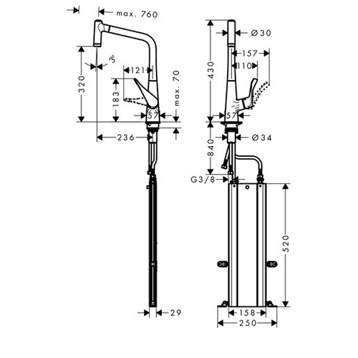 Hansgrohe Metris M71 Смеситель для кухни, на 1 отв однорычажный, поворотный излив 23.6см с вытяжным душем, 2jet, h32см, цвет: под сталь