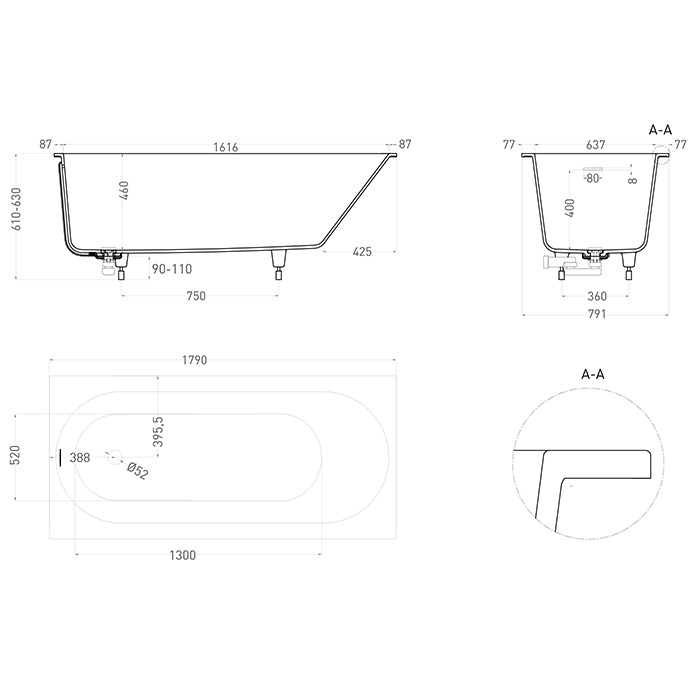 Salini Lofo Kit Ванна 179х79.1х61см., встраиваемая, Solid Surface, с донным клапаном, сифоном, ножками, слив-переливом, цвет: белый матовый