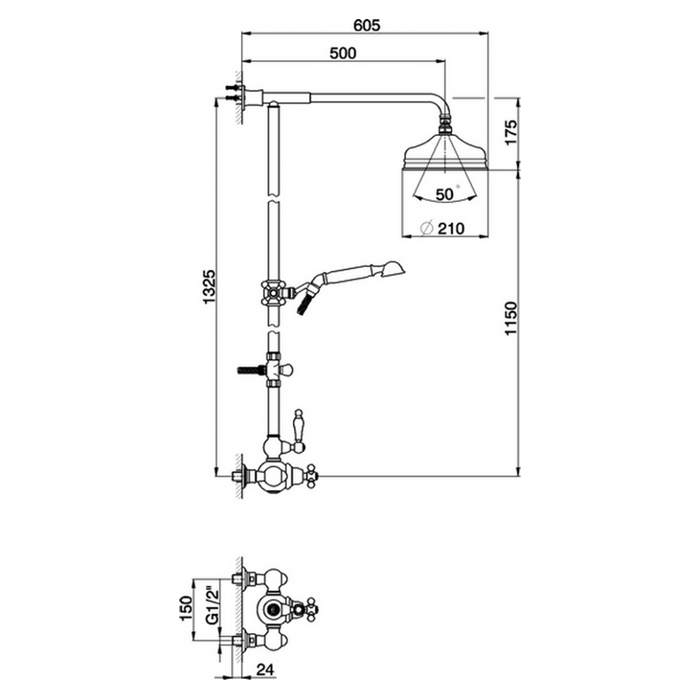 CISAL Arcana Toscana Душевой комплект: термостатический смеситель, стойка с верхним душем, лейка+шланг, цвет: золото/белый