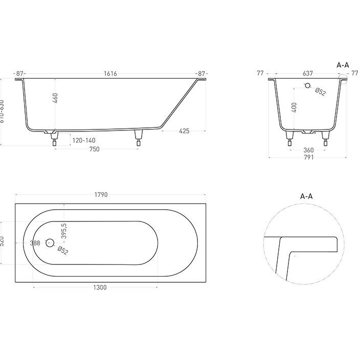 Salini Lofo Ванна 179х79.1х61см., встраиваемая, Solid Surface, без слива-перелива, с ножками, цвет: белый матовый
