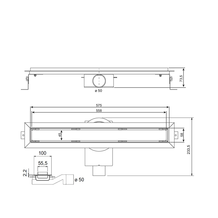 Plumberia Selection Трап душевой PS IN-TILE 6x60 2устор. накладка из нерж.стали, комбинир.затвор с горизонт. Выпуском Ду 50мм,40л/мин, цвет: золото 24К
