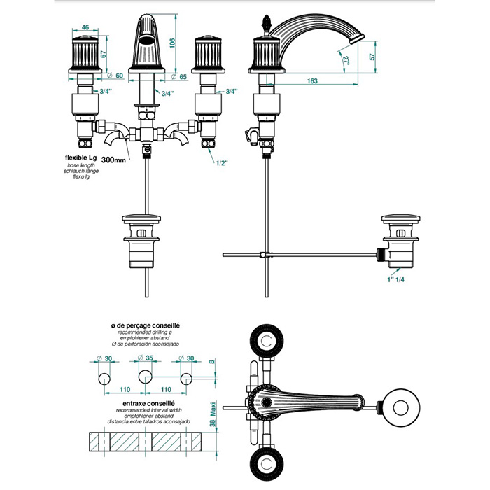 THG Malmaison crystal Смеситель для раковины на 3 отверстия, с донным клапаном, цвет: состаренный никель