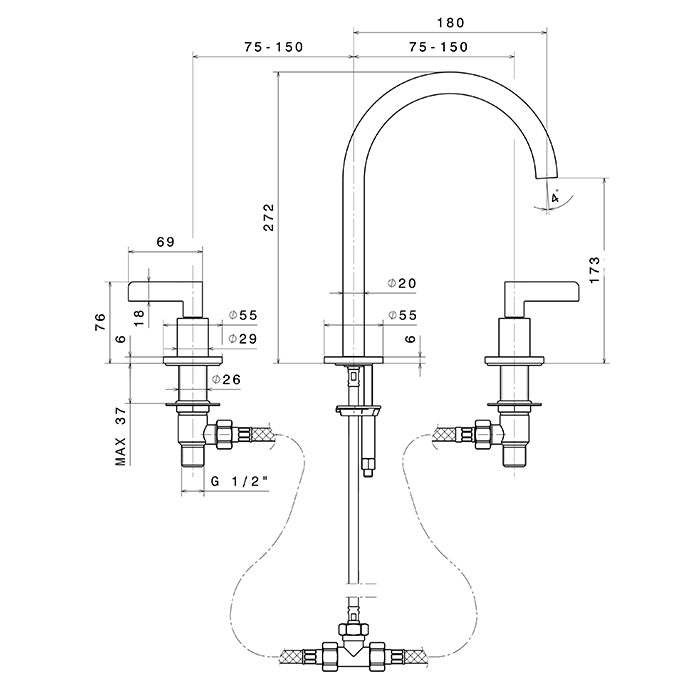 Newform Blink Chic Luxury Смеситель для раковины, 3 отв., средний, цвет: PVD glossy gold