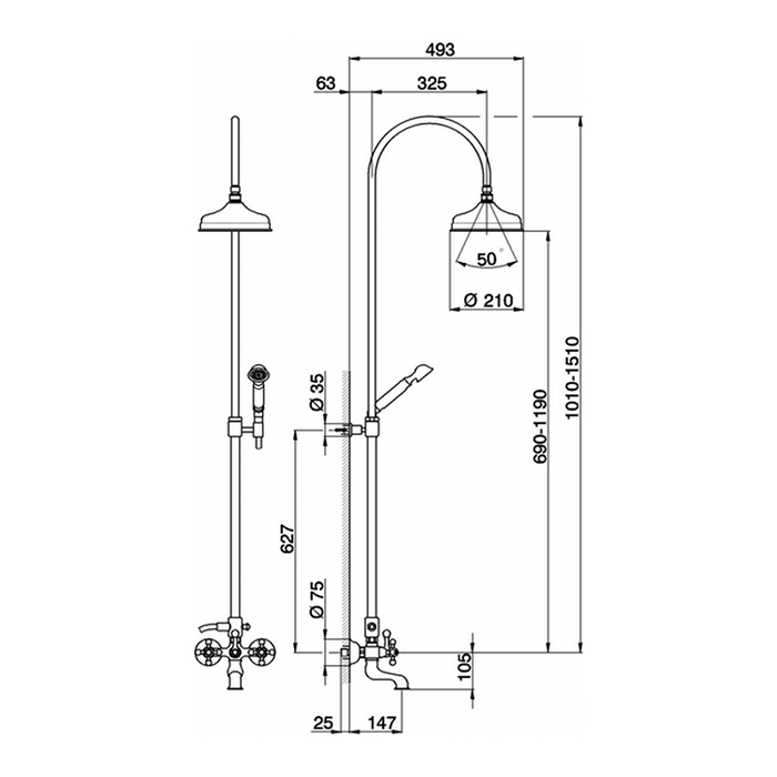 CISAL Arcana Смеситель для ванны/душа с душевым комплектом и верхним душем, цвет: золото