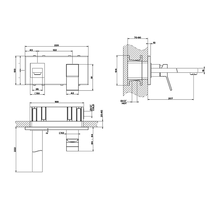 Gessi Rettangolo K Смеситель для раковины, встраиваемый, излив: 20.1см., цвет: Brushed Brass PVD